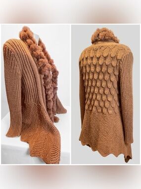 Ness Chic Brown Cardigan with Rabbit Fur Trim and Textured 3D Scale/Petal
